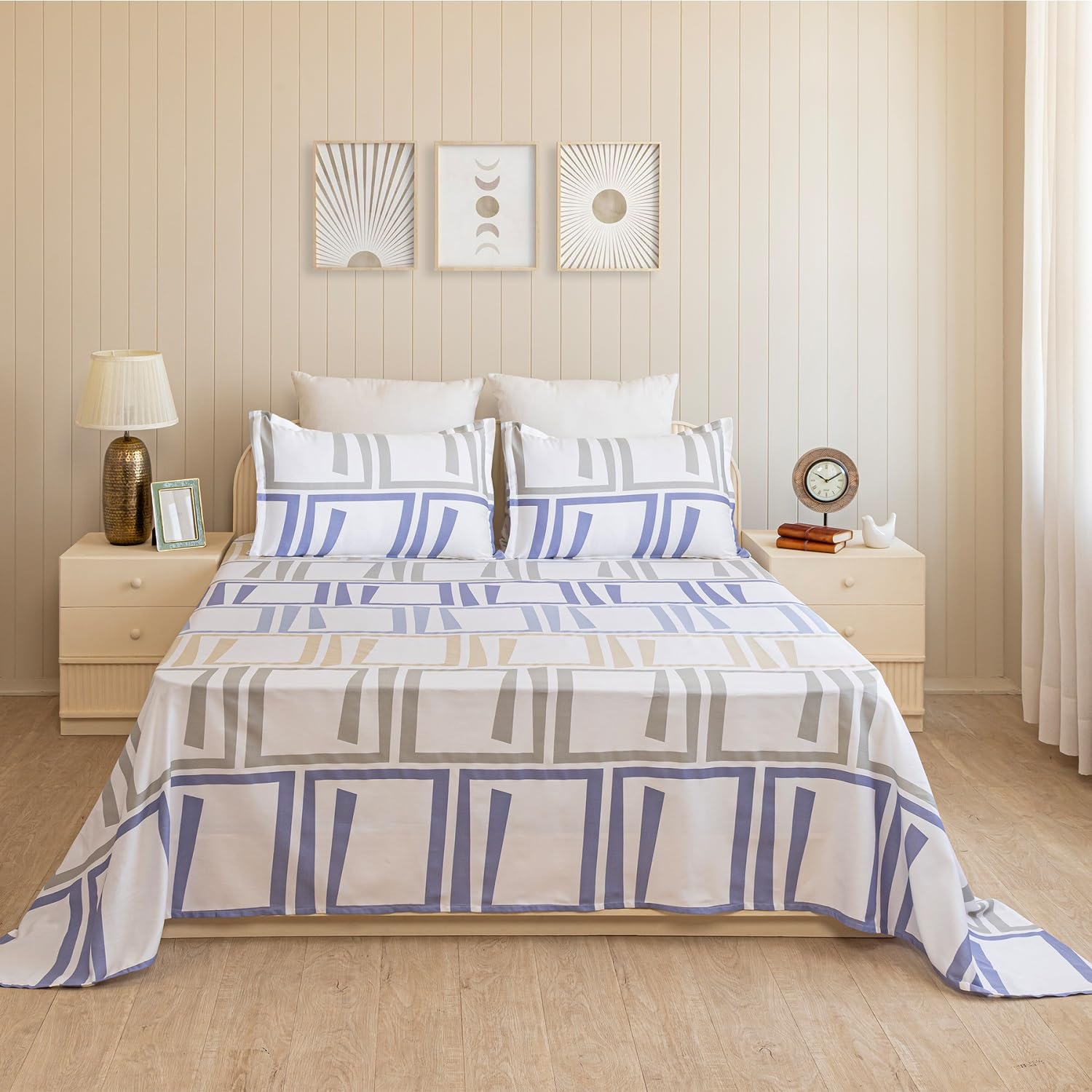 Luxurious Printed Flat Bedsheets With 1 Pillow Cover - 60 X 90 Inches, Blue & Grey | Breathable & Wrinkle Free | Soft & Durable