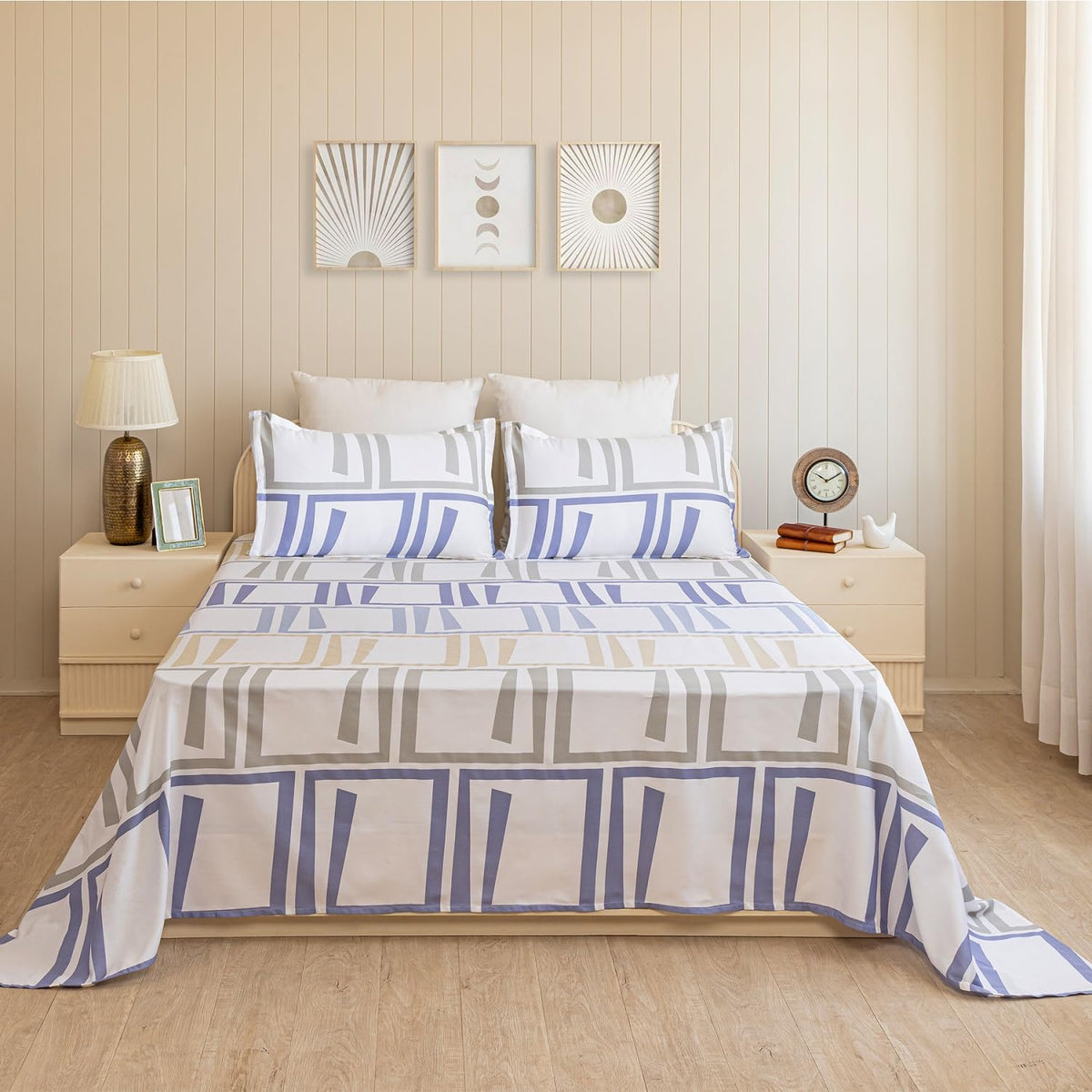 Printed Flat Double Bedsheet With 2 Pillow Covers - 84 X 90 Inches, Blue & Grey | Soft Breathable & Wrinkle Free | 210 Thread Count
