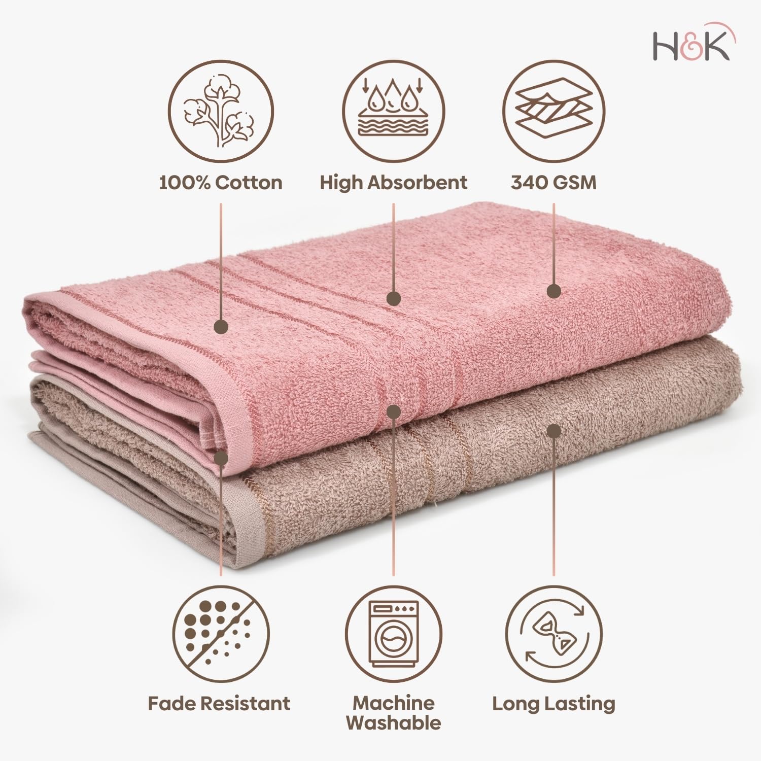 Haus & Kinder 100% Cotton Bath Towel 1000 Gsm | Ultra Absorbent, Quick Dry, Super Soft Large Size Towels (Roe Buck & Dusty Rose) - Set Of 2