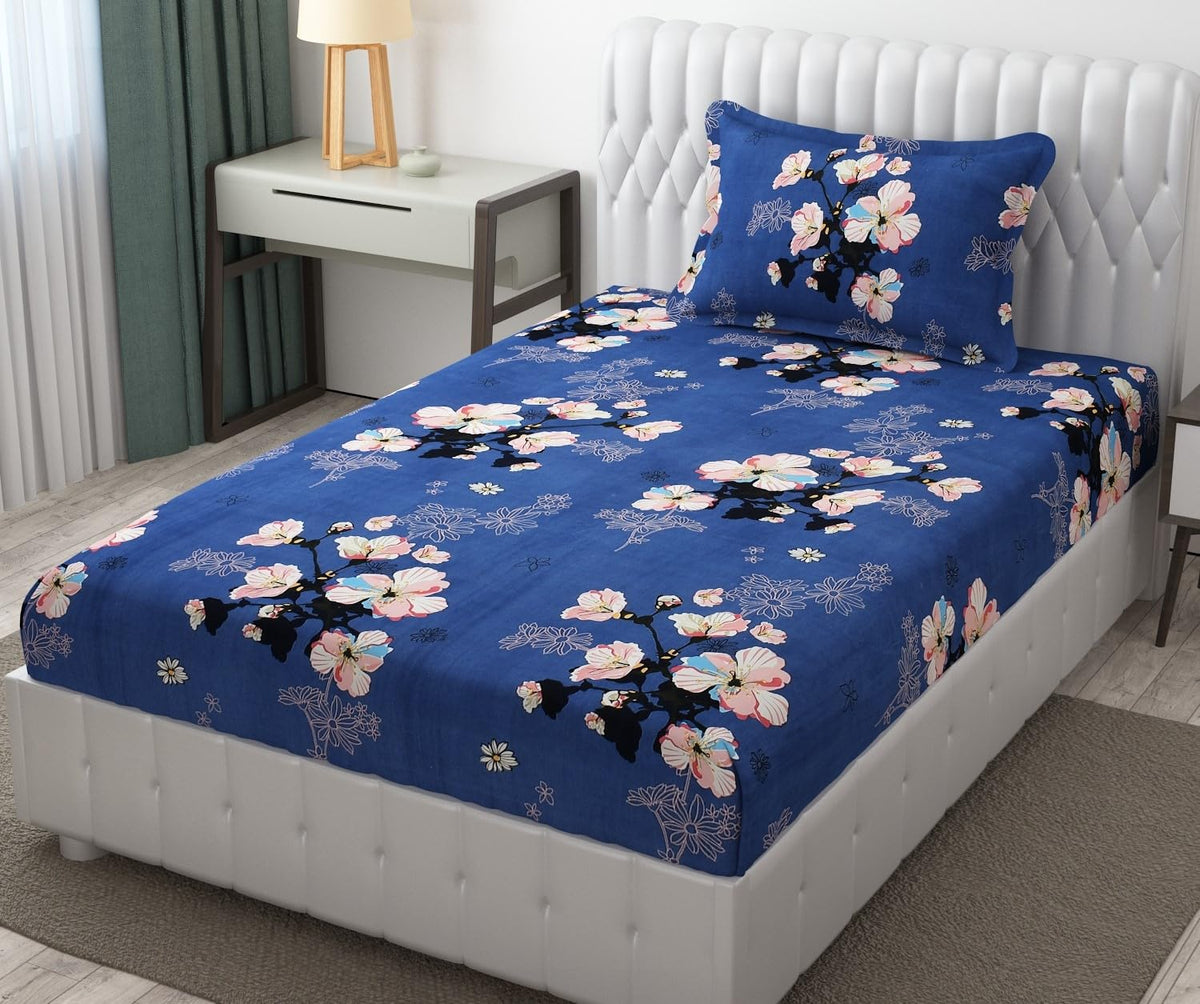 Microfiber Single Bedsheet Set With 1 Pillow Covers (60 X 90 Inches) Blue & Pink | Durable & Long-Lasting | 144 Thread Count | Wrinkle Free