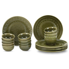 Handcrafted Ceramic Embossed Dinner Set Of 18 Pcs - Moss Green | 6 Dinner Plates + 12 Small Dinner Bowl, 180ml Each - Microwave & Dishwasher Safe | Crockery Set For Dining & Gifting