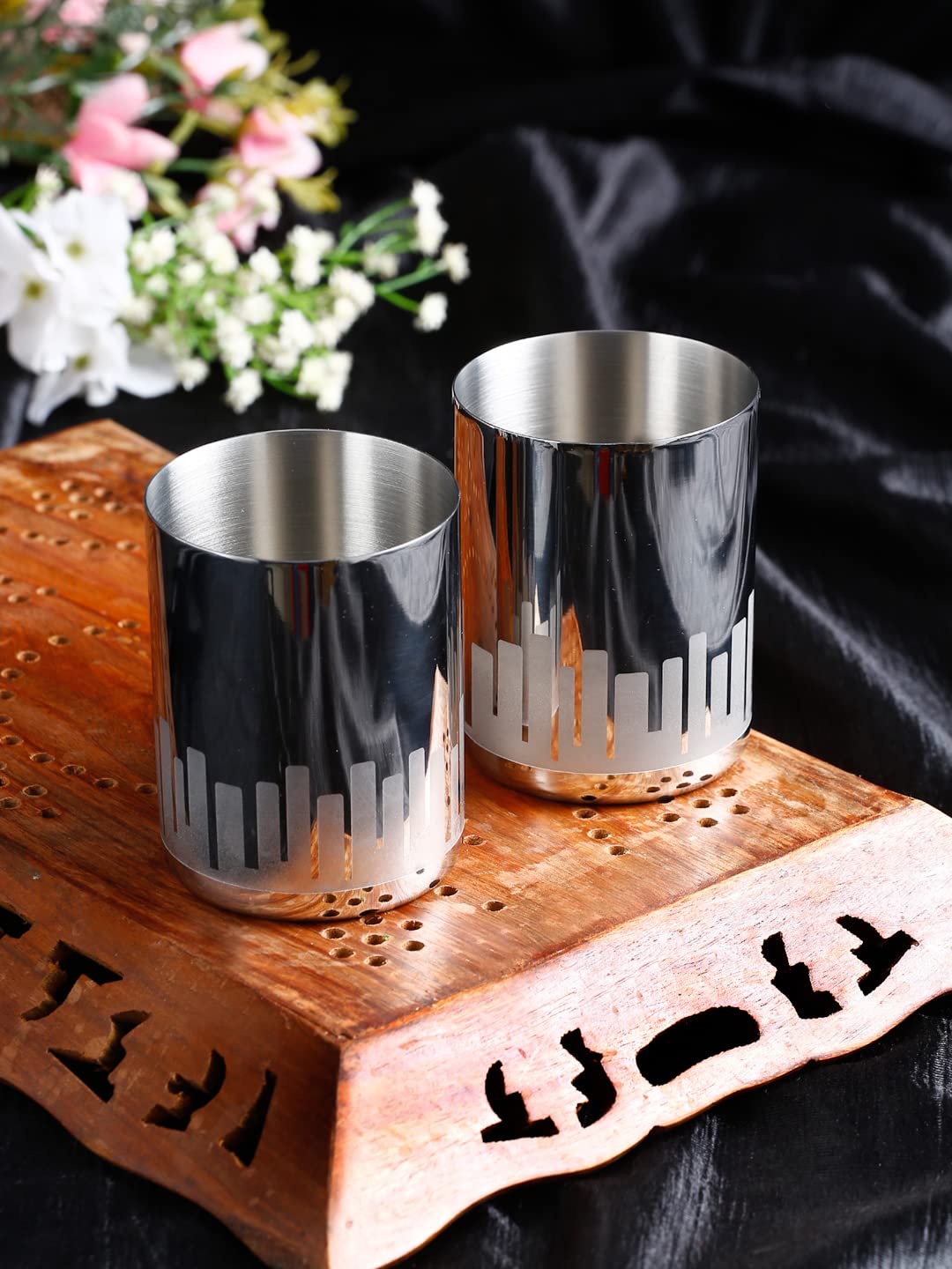 Designer Silver Stainless Steel Drinking Glass Set Of 2 - Cityscapes Pattern, Urban Series | Convenient Water Glasses - Multipurpose Designer Tumbler | Serve Ware & Tableware