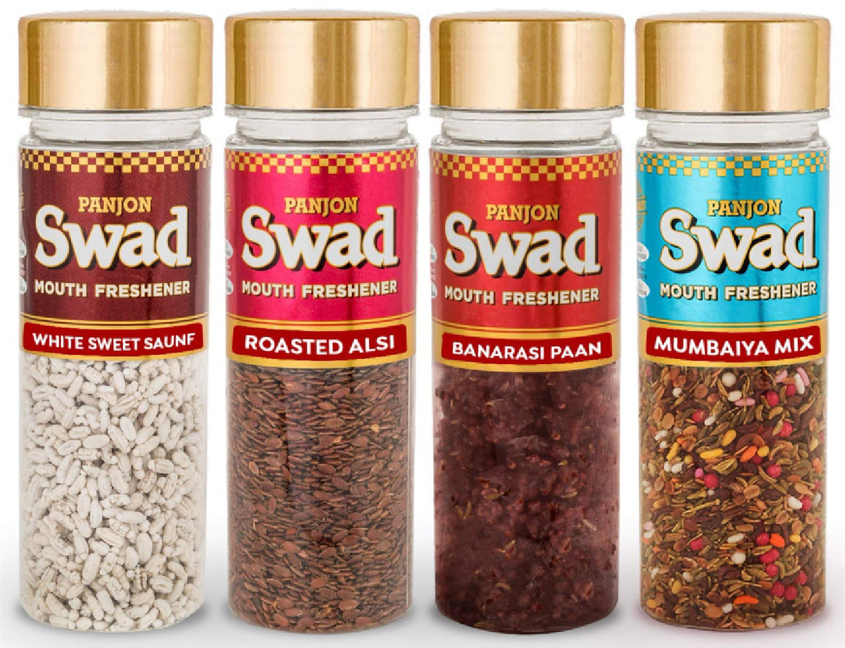 Panjon Swad White Sweet Saunf, Roasted Alsi, Mumbaiya Mix, Banarasi Paan Mouth Freshners 460gm, (105gm *4 Bottles)