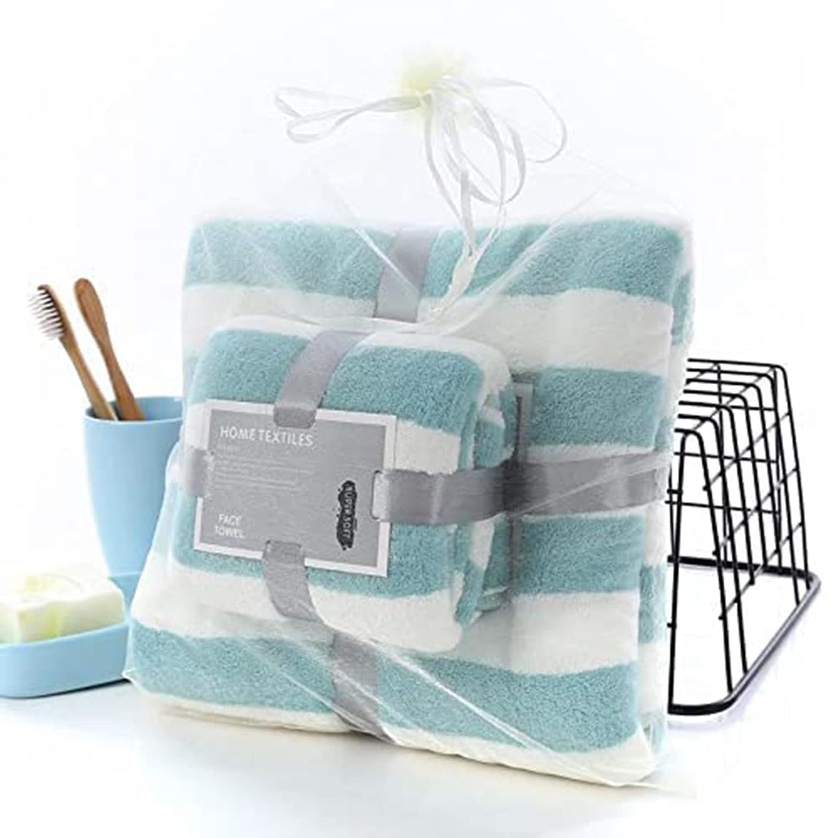 Homecloud Ultra Soft 300 Gsm Bath Towel Set | 3x Softer Than Cotton Towels Strip Green | Highly Absorbent & Ultra Fast Dry (Set Of 2) 1 Bath + 1 Face Towel