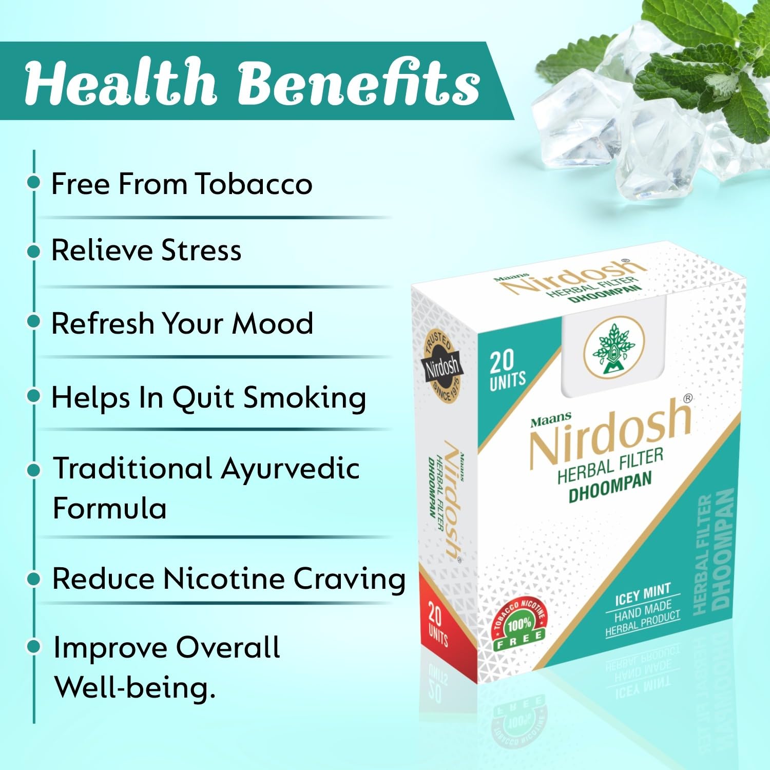 Icey Mint Flavored Herbal Filter Dhoompan Sticks - Pack Of 2X 20 Pcs Herbal Cigarette | Bidi Sticks Rolled In Tendu Leaves, Non-Addictive Sticks - Tobacco Free & Nicotine Free