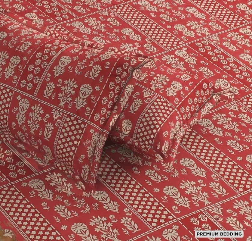Printed Queen Size Double Bed Bedsheet With 2 Pillow Cover | 60 X 78 Inches, Red & Beige - Breathable, Stain & Wrinkle Resistant | All Around Elastic Fitted Bedsheet