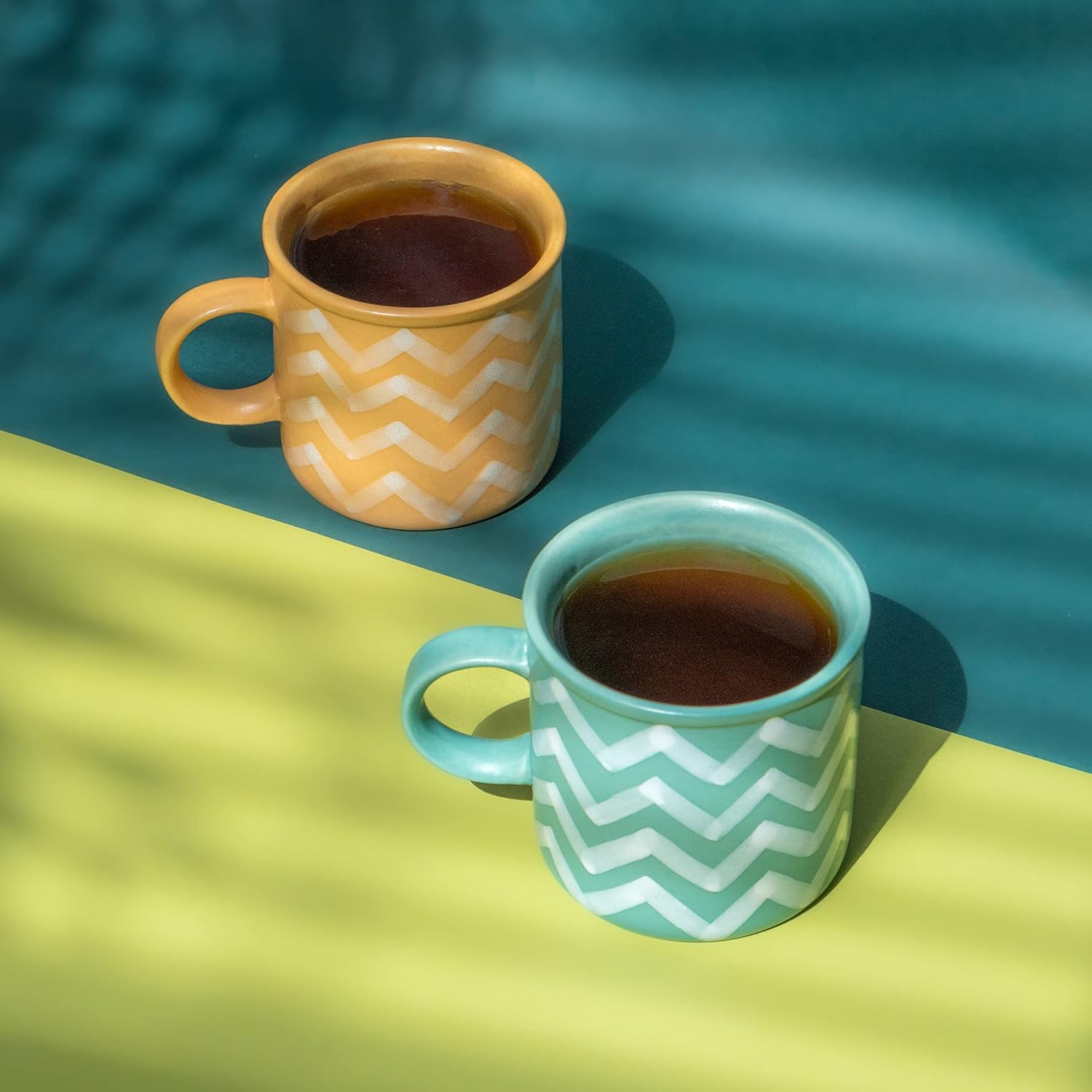 Large Ceramic Coffee Mug Set Of 2 - Yellow & Sea Green, 350ml Each | Ceramic Mountain Mug, Tea Mug With Matte Finish - Mug For Coffee | Ceramic Coffee Mug - Microwave Safe & Dishwasher Safe