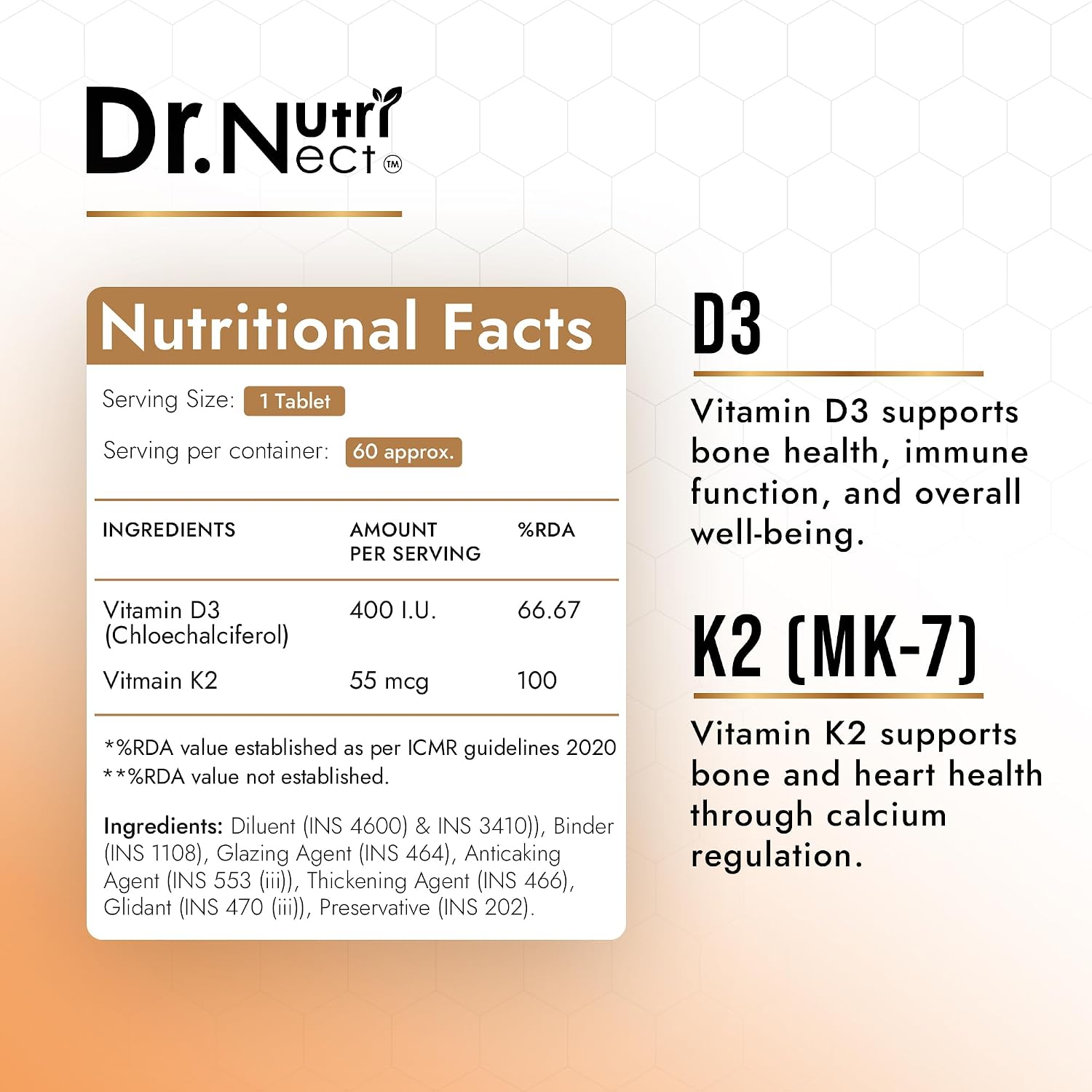 Dr. Nutri Nect Vitamin D3 + K2 (As Mk7) For Bone Health And Immune Support | Healthy Bones, Strong Muscles & Boosts Immune System For Men And Women | 60 Tablets , 100gm 0.2lbs