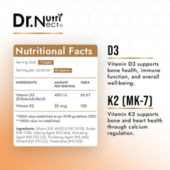 Dr. Nutri Nect Vitamin D3 + K2 (As Mk7) For Bone Health And Immune Support | Healthy Bones, Strong Muscles & Boosts Immune System For Men And Women | 60 Tablets , 100gm 0.2lbs