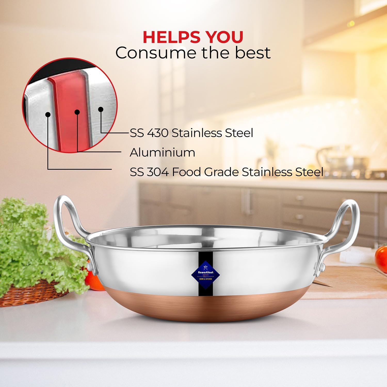 Silver Stainless Steel Kadhai With Copper Bottom - Pot Pans For Frying | Cookware Premium Heavy Gauge Steel Kadhai 1000ml