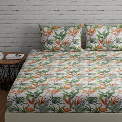 Bedsheets For King Size Bed With 2 Pillow Covers - 108 X 108 Inches | Flamingos Orange & Green | Perfect For Home Decor & Gifts | 144 Thread Count