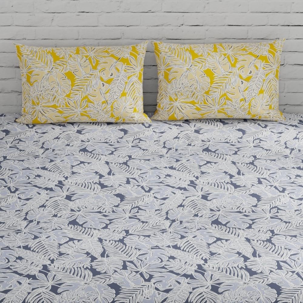 Grey & Yellow Single Size Bedsheet With 1 Pillow Covers - 55 X 88 Inches | Cotton Bed Sheets Are Easy To Wash And Maintain At Home
