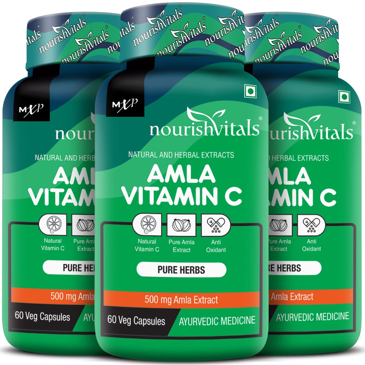 Nourishvitals Amla Vitamin C With Tannins 25% Pure Herbs, 500mg Amla Extract, Antioxidant, Immune, Skin | 60 Veg Capsules, 100gm 0.2lbs Each Pack Of 3