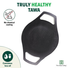 Pre-Seasoned Black Cast Iron Concave Tawa With Double Handle - 24cm, 9.4 Inch, 1.4 Kg | Gas Compatible, Naturally Nonstick, 100% Pure & Toxin-Free, No Chemical Coating