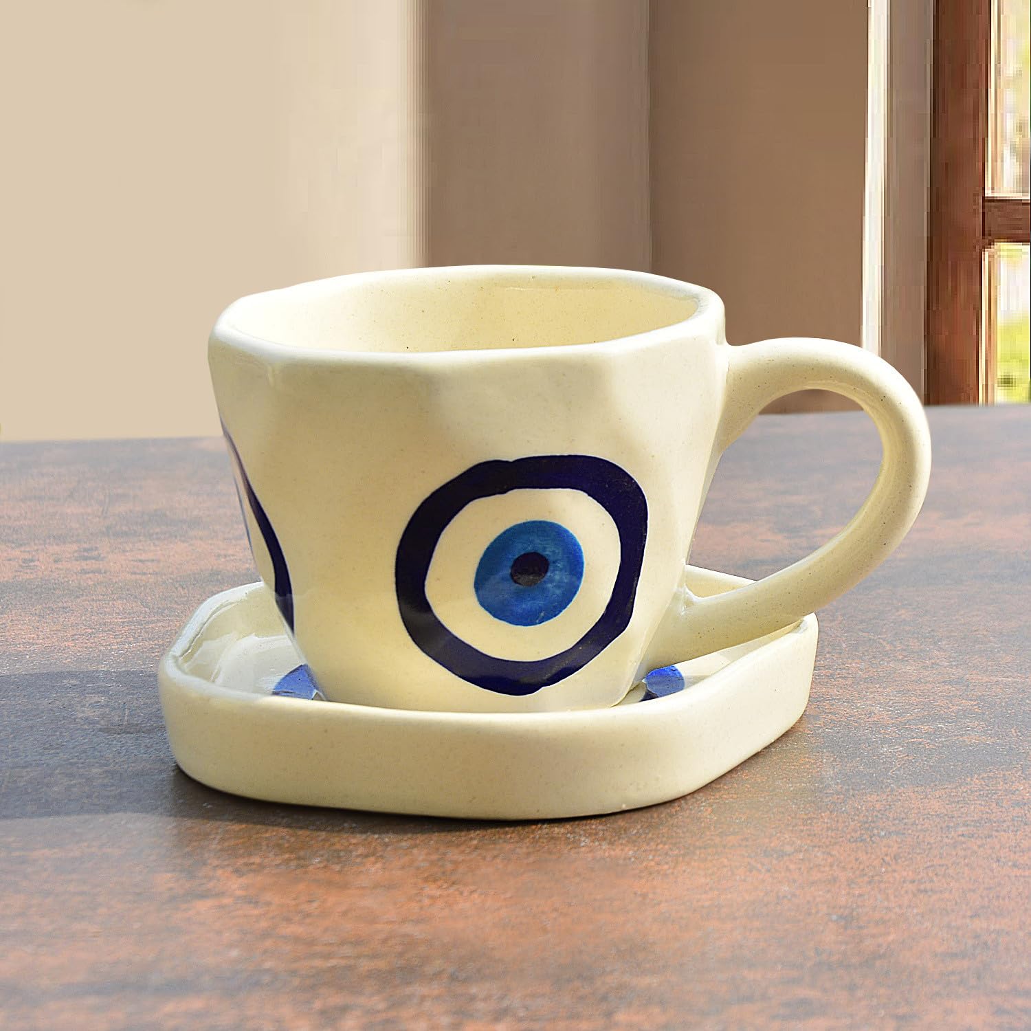 Hand Painted Ceramic Cup & Saucer Set Of 2 - Multicolor, 250ml Each | Microwave Safe Tea Cups & Mugs - Chai Cups & Plates