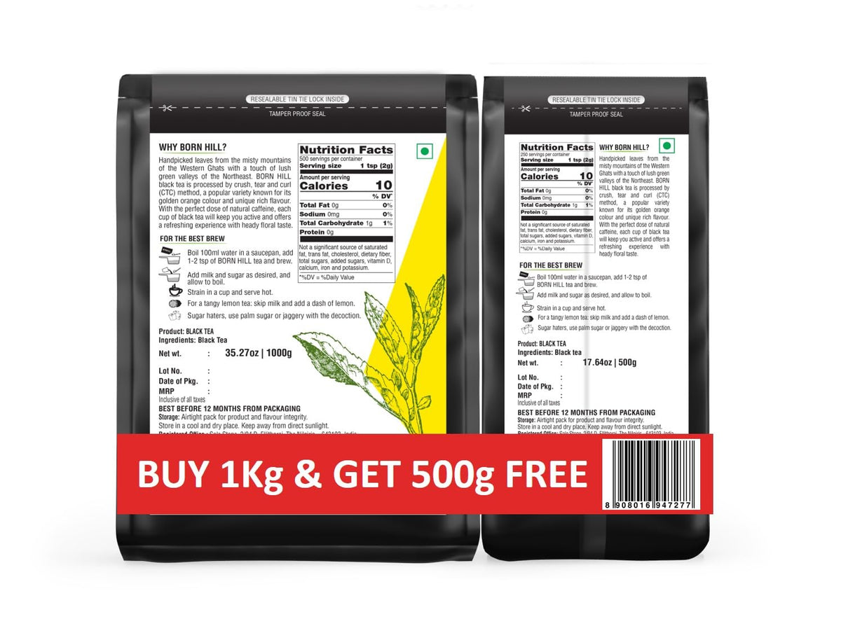 Born Hill Classic Indian Premium Assam Tea Powder 1 Kg + 500gm Combo Pack - 35.2 + 17.6 Ounce | 100% Natural, Fresh Blend With No Preservatives Or Colors - Authentic Indian Flavor, Resealable Pouch