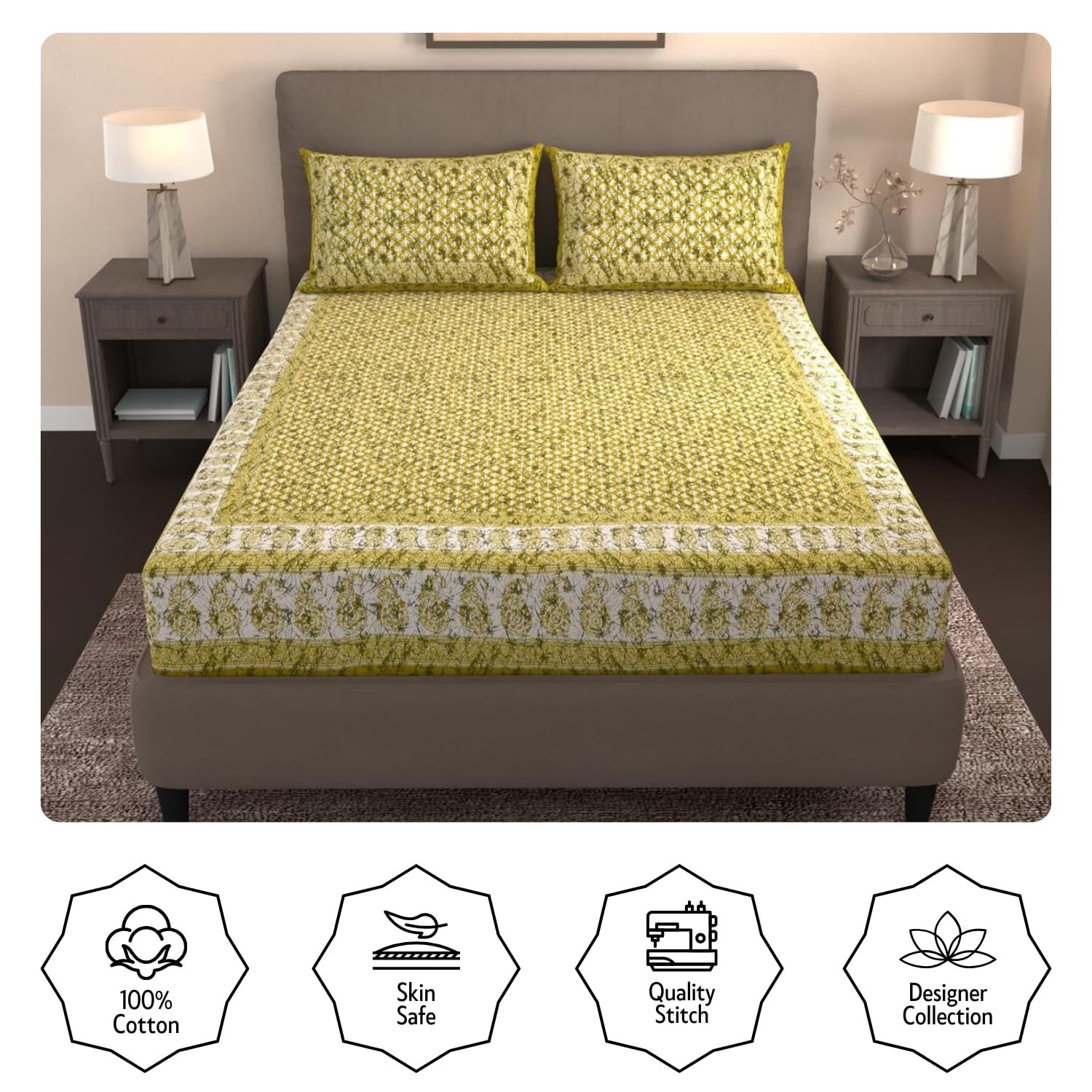 Handloom Printed Double Bedsheet For Queen Size With 2 Matching Pillow Cover | Size 90 X 100 Inches, Mustard Green - Cotton Bedsheets For Double Bed | Soft & Smooth