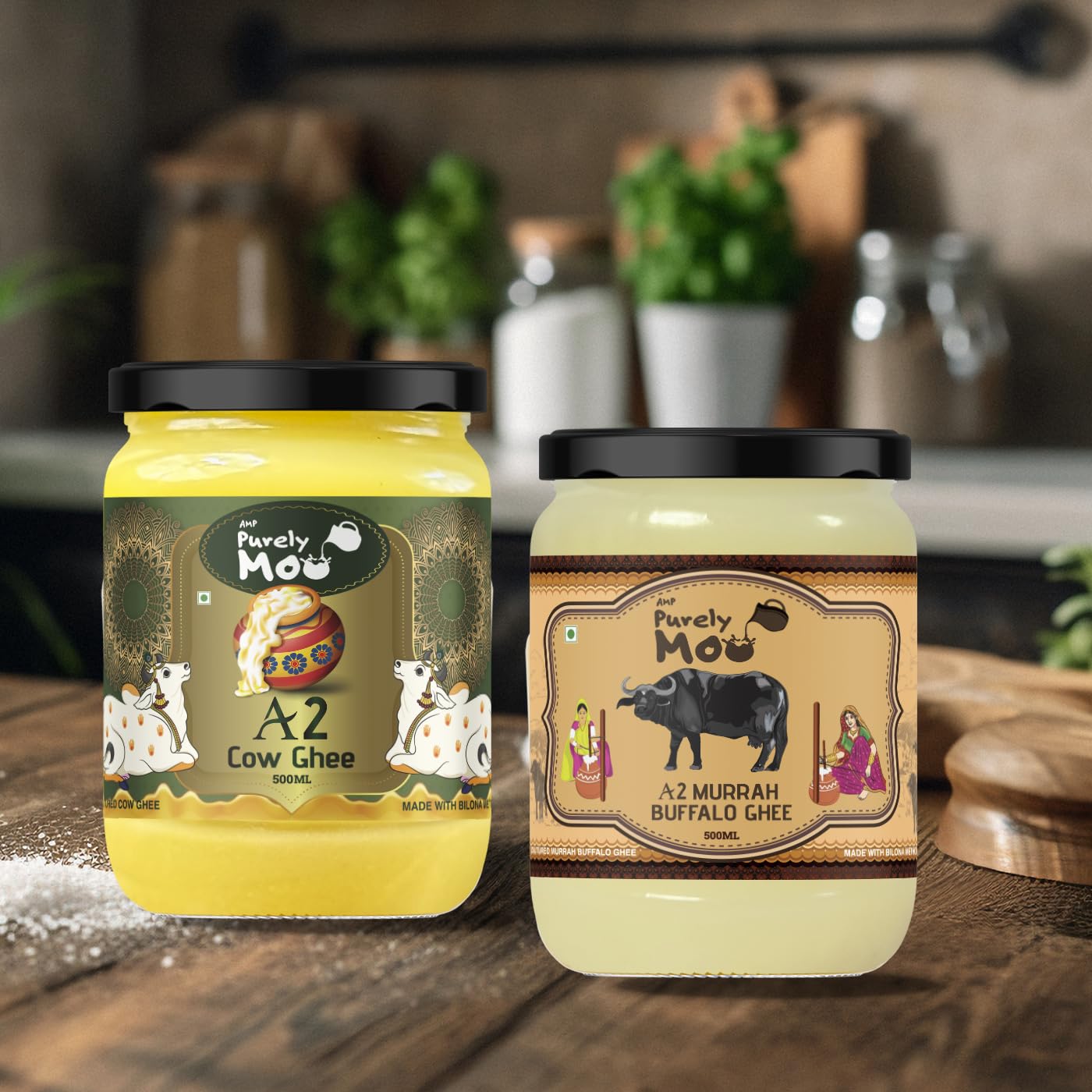 100% Pure A2 Cow & A2 Murrah Buffalo Ghee By AMP Purely Moo | Healthy & Nutrients Protein Fiber Ghee Good For Bones Health | 1 Litre (500ml * 2) 33.8 Ounce | Jar Pack