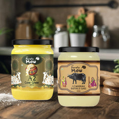 100% Pure A2 Cow & A2 Murrah Buffalo Ghee By AMP Purely Moo | Healthy & Nutrients Protein Fiber Ghee Good For Bones Health | 1 Litre (500ml * 2) 33.8 Ounce | Jar Pack