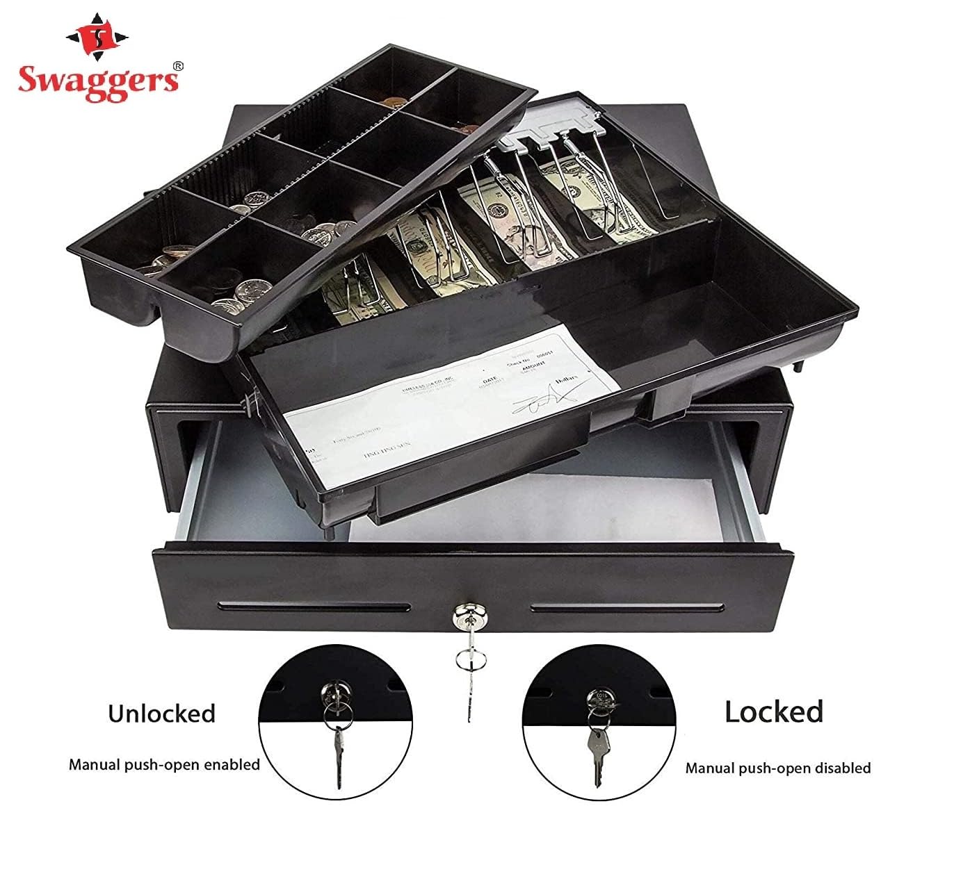 Metal Cash Drawer For Point Of Sale (Pos) System With Removable Coin Cash Tray, 5 Bills, 8 Coins Slots Drawer With Rj11 Interface Key Lock | Colour - Black