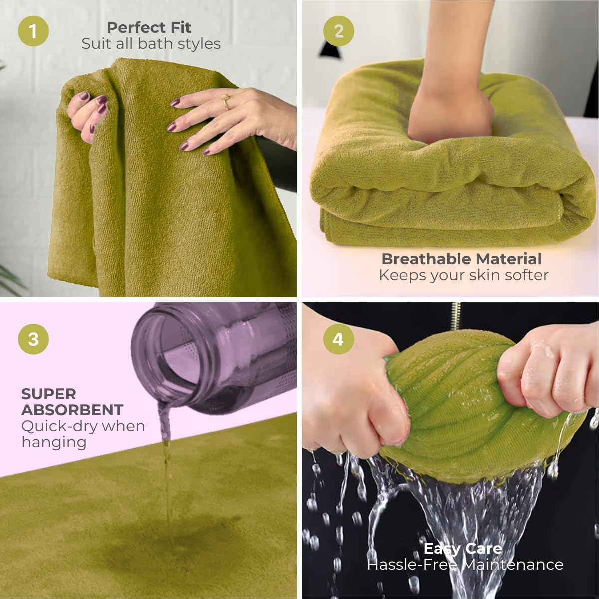 Black Gold The Finer Touch Premium Microfiber Bath Towel 1600 Gsm | Ultra Soft & Absorbent Quick Dry Towel Lightweight Microfiber Bath Towel (Green) - Pack Of 4
