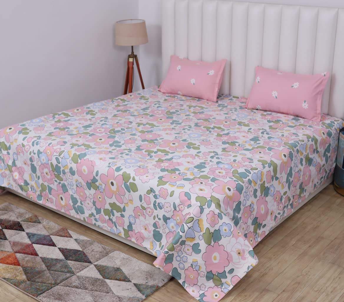 Elastic Fitted Bedsheets For King Size Bed With 2 Pillow Covers - 100 X 108 Inches, Cream & Pink | Ideal For Hotel, House, Guest House