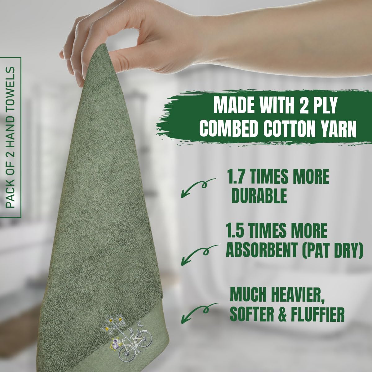Rangoli 100% Cotton Martin Hand Towels 400 Gsm | Quick Dry, Ultra Soft, Highly Absorbent Printed Hand Towel For Men & Women Luxury & Highly Absorbent Towels - Green (Set Of 2)