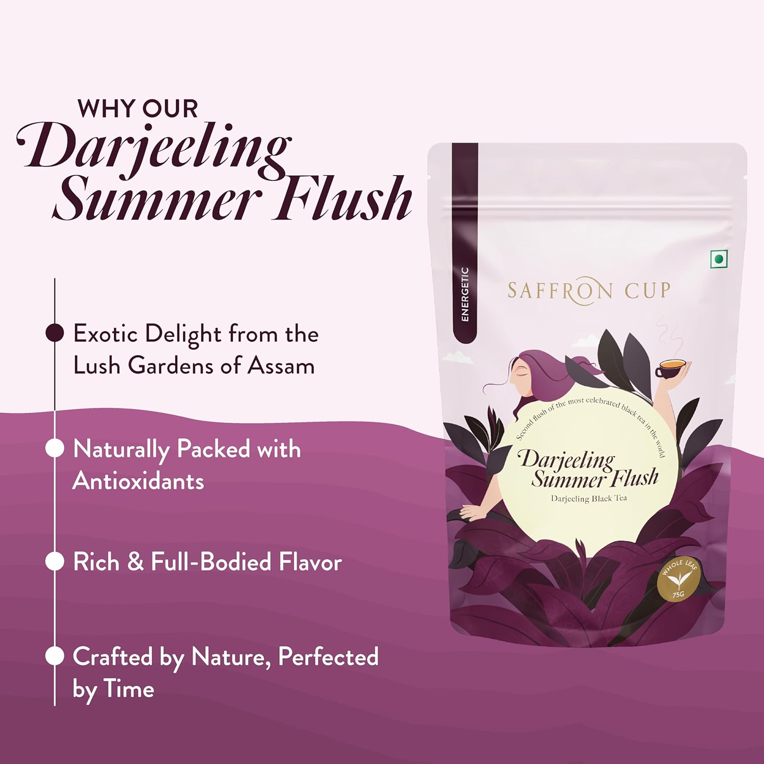 Saffron Cup Darjeeling Summer Flush Energetic Black Tea - 75gm, 2.6 Ounce | 100% Natural, Rich In Antioxidants - Perfect For Connoisseurs & Heart Health | Low Caffeine, Airtight Zip Lock Pouch