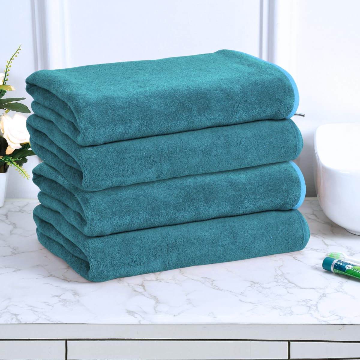 Black Gold The Finer Touch Premium Microfiber Bath Towels 1600 Gsm | Lightweight Ultra-Soft Fade Resistant (Peacock Green) - 4 Pcs