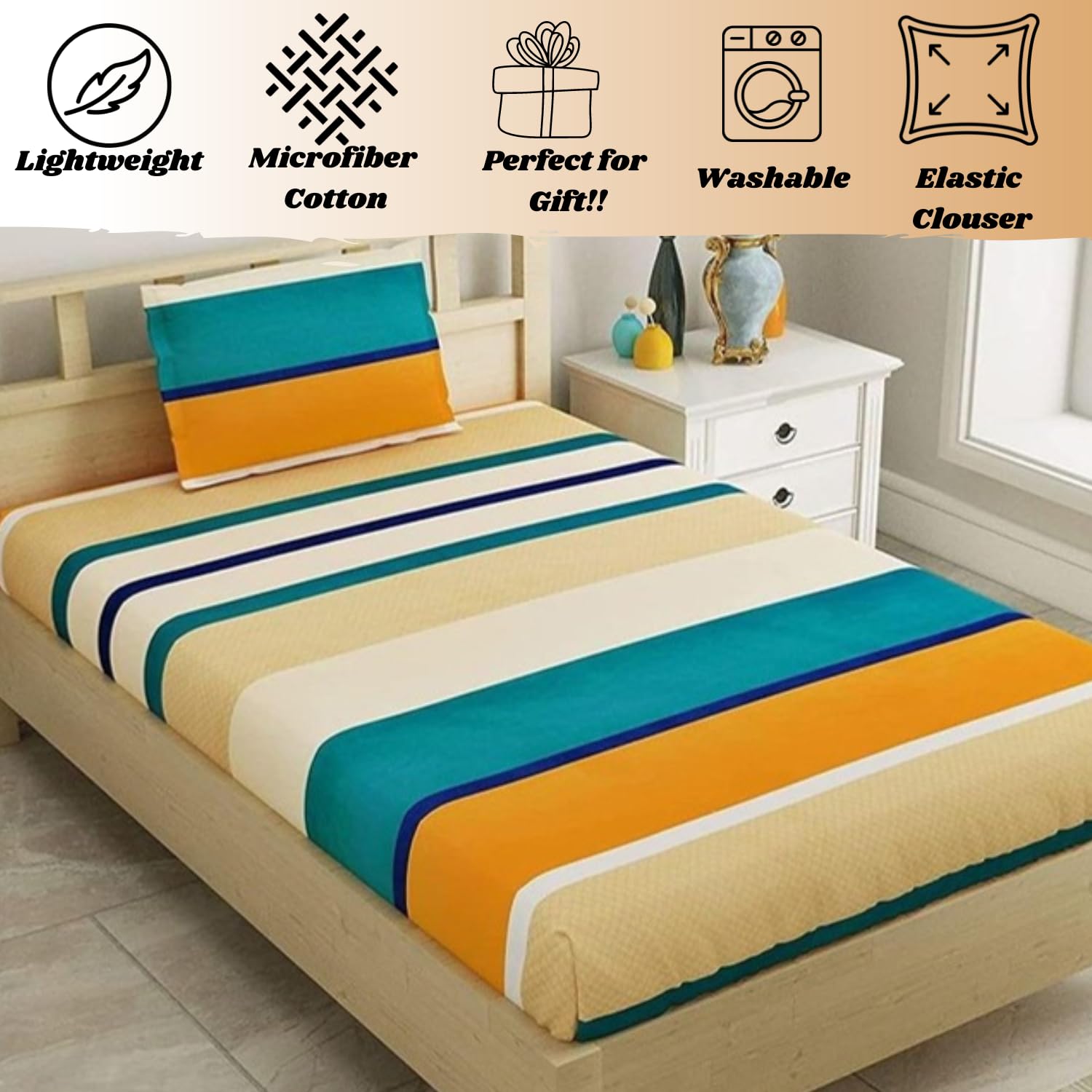 Polycotton Elastic Fitted Bedsheet For Single Bed With 1 Pillow Cover - 36 X 78 Inches, Multicolor | Super Soft Brushed Durable Fabric