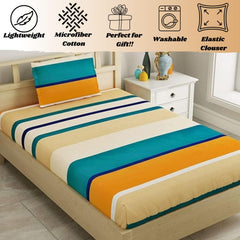 Polycotton Elastic Fitted Bedsheet For Single Bed With 1 Pillow Cover - 36 X 78 Inches, Multicolor | Super Soft Brushed Durable Fabric