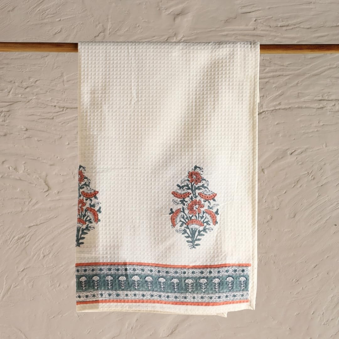 Peepul Tree Pure Cotton Bath Towel 310 Gsm | Hand Block Printed In Yellow Floral Pattern Handmade In India Towel (Pack Of 2)