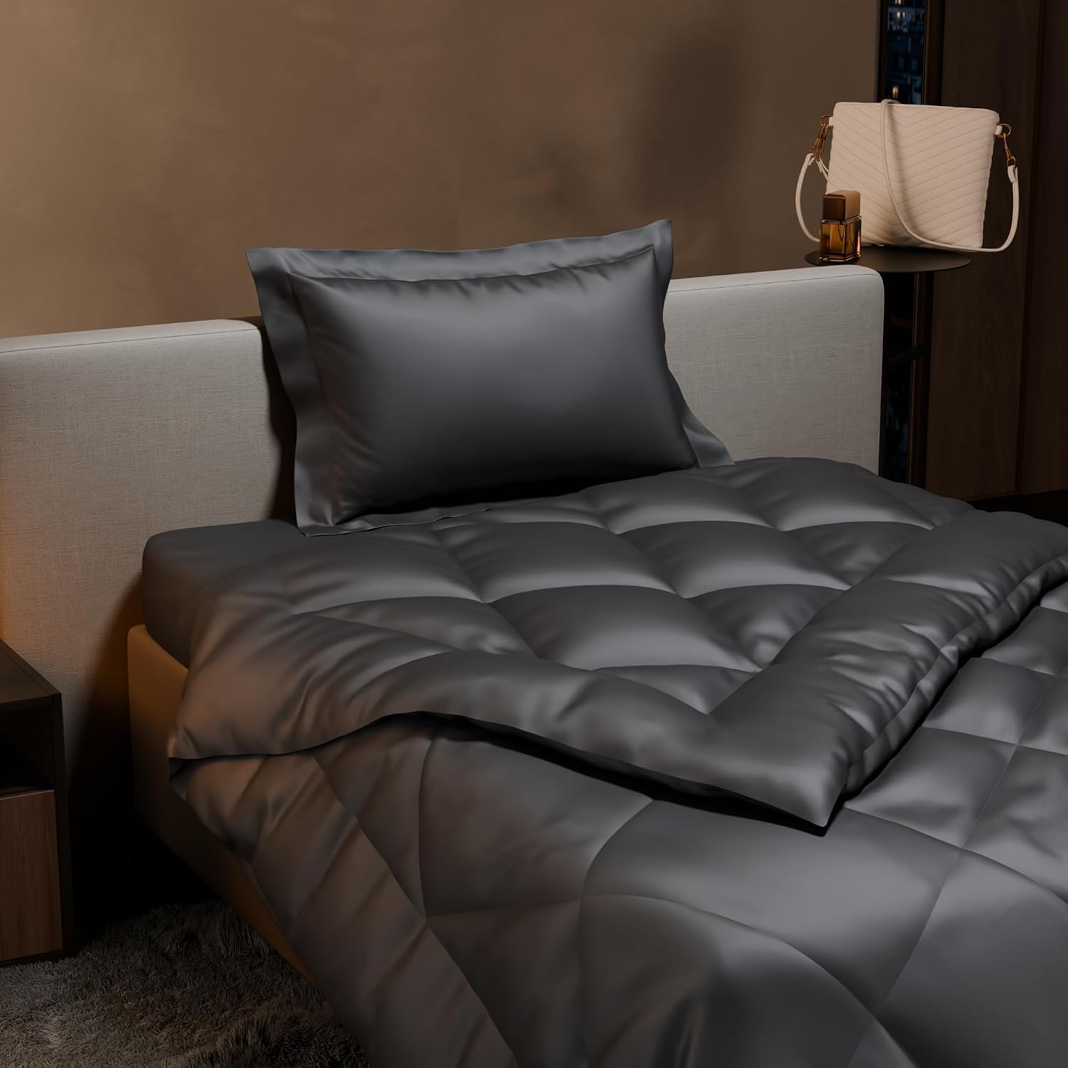 Single Bedsheet + Comforter With 1 Pillow Covers - 60 X 90 Inches, Dark Grey | Ideal For Gift Special Occasions | Perfect Romantic Bedsheet For Couples
