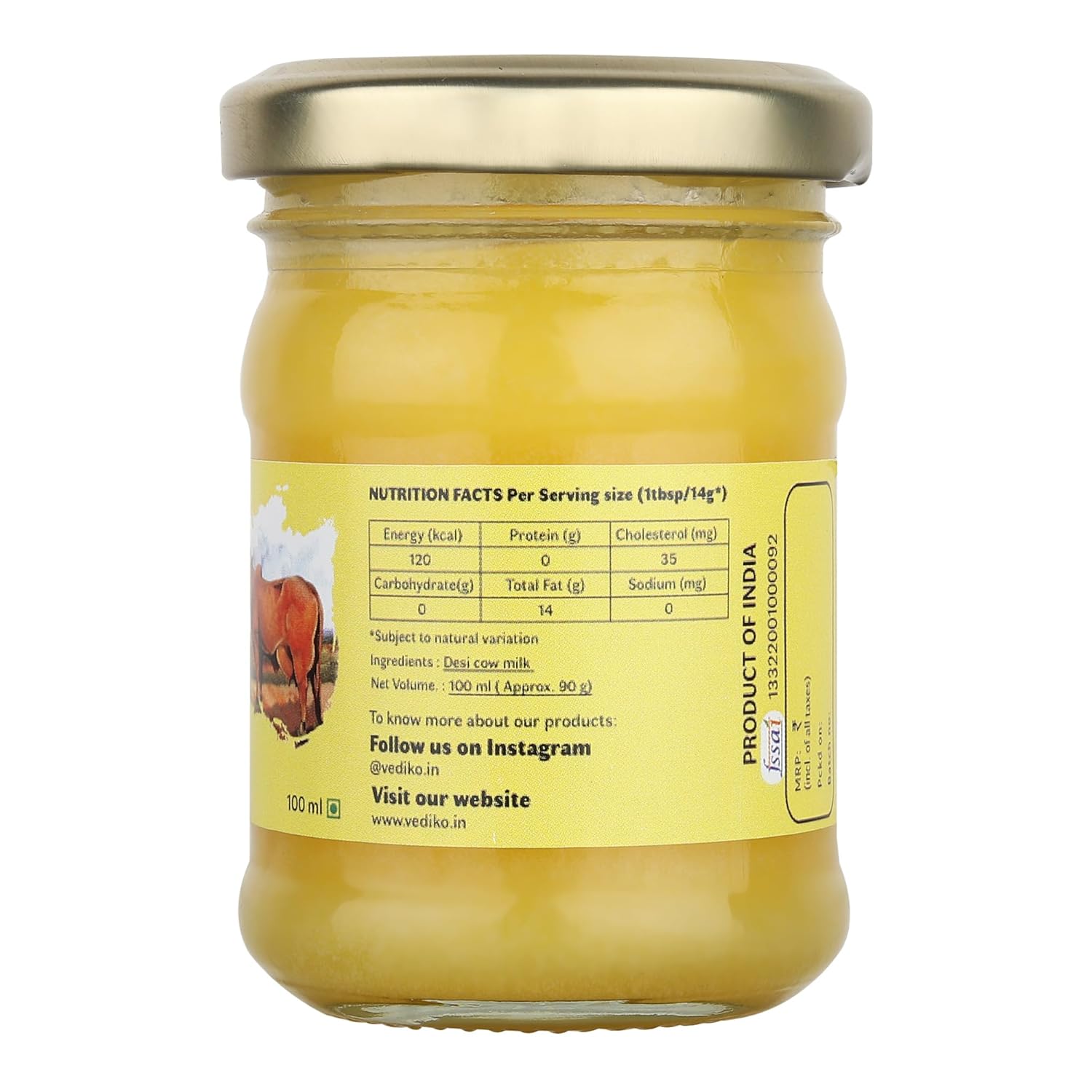 100% Natural Desi Cow Ghee By Vediko Origins | Natural & Healthy Sahiwal Breed Cow'S Milk Boost Your Immunity With Premium & Traditional Ghee | (100ml) 3.3 Ounce | Jar Pack
