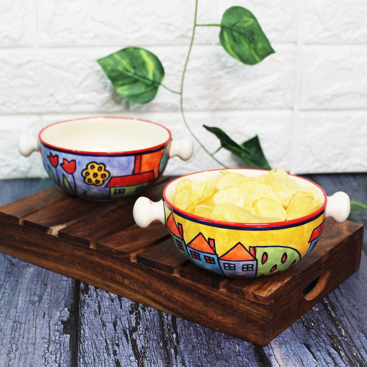 Exotic Panorama Ceramic Snack Bowls With Handles - 2 Pieces, 300ml Each, Multicolor | Hand Painted Handled Soup Bowls - Ceramic Snacks Serving Bowls Set | Microwave Safe & Dishwasher Safe