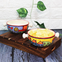 Exotic Panorama Ceramic Snack Bowls With Handles - 2 Pieces, 300ml Each, Multicolor | Hand Painted Handled Soup Bowls - Ceramic Snacks Serving Bowls Set | Microwave Safe & Dishwasher Safe