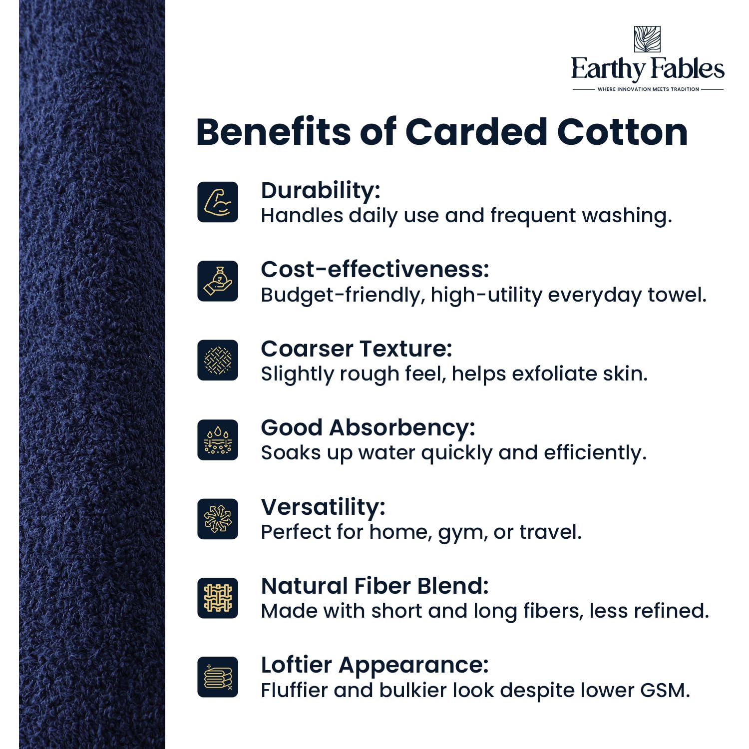 Earthy Fables Airlux Bath Towel 500 Gsm | Pure Carded Cotton, Soft, Absorbent, Quick Dry & Skin-Friendly Towel (Navy Blue)