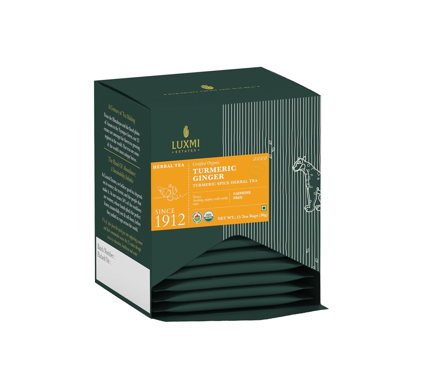 Luxmi Estates Turmeric Timeout Spice Herbal Tea Pack Of 6 - 30gm, 1.05 Ounce, 15 Tea Bags Each | USDA Certified Organic Herbal Tea - Caffeine Free | Made With Turmeric, Ginger, Cardamom, Black Pepper