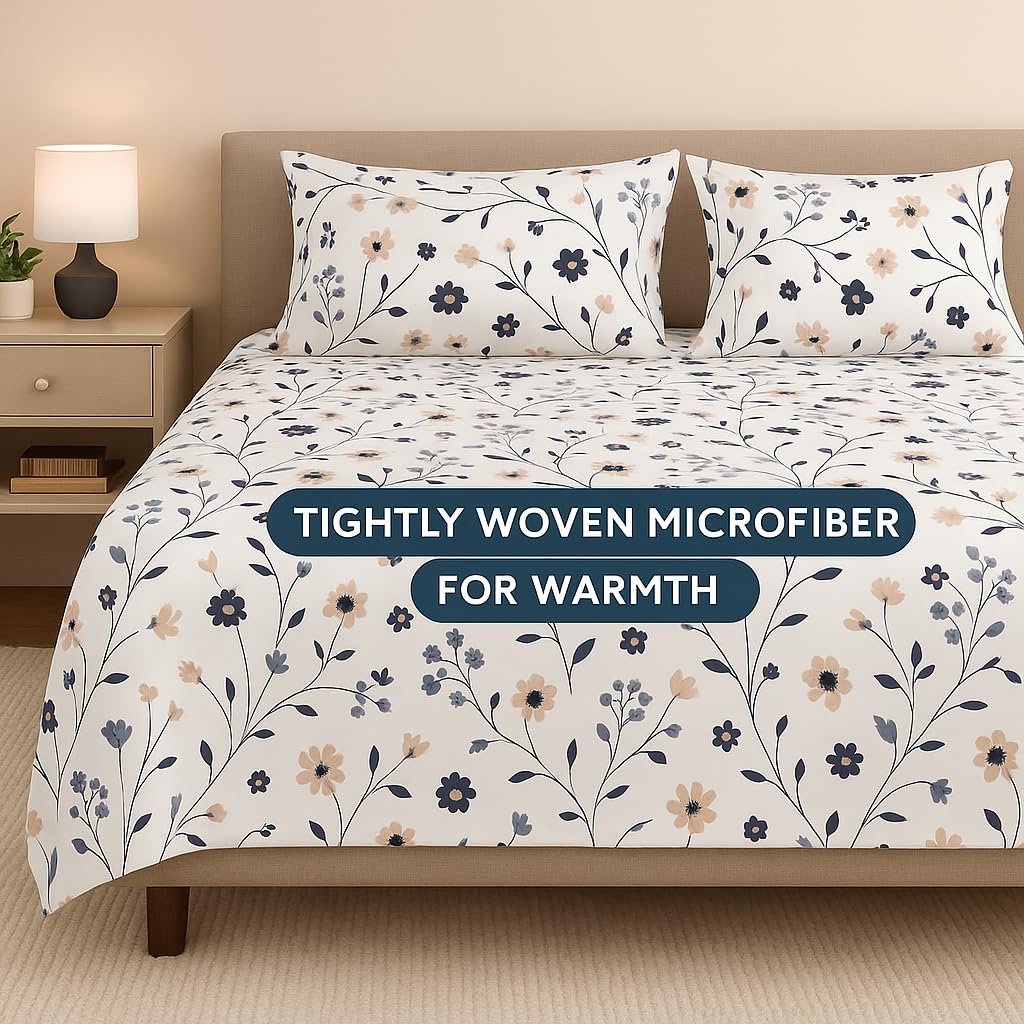 Double Bed Bedsheet With Pillow Covers Soft & Breathable Fabric | Floral Print Bedsheet Set - 90 X 100 Inch, White | Ideal For Daily Use & Gifting