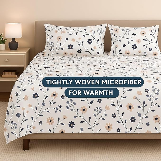 King Bed Bedsheet With 2 Pillow Covers Soft & Breathable Fabric - 108x108 Inch, White | Floral Print Bedsheet Set - Ideal For Daily Use & Gifting