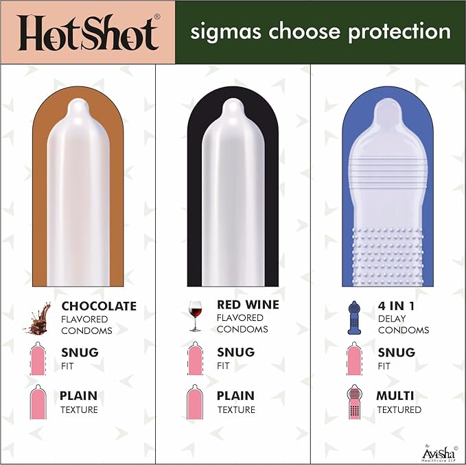 Hotshot Honeymoon 4in1 Extra Time, Ribbed, Dotted, Red Wine, Chocolate Flavor Condoms, 50 Count