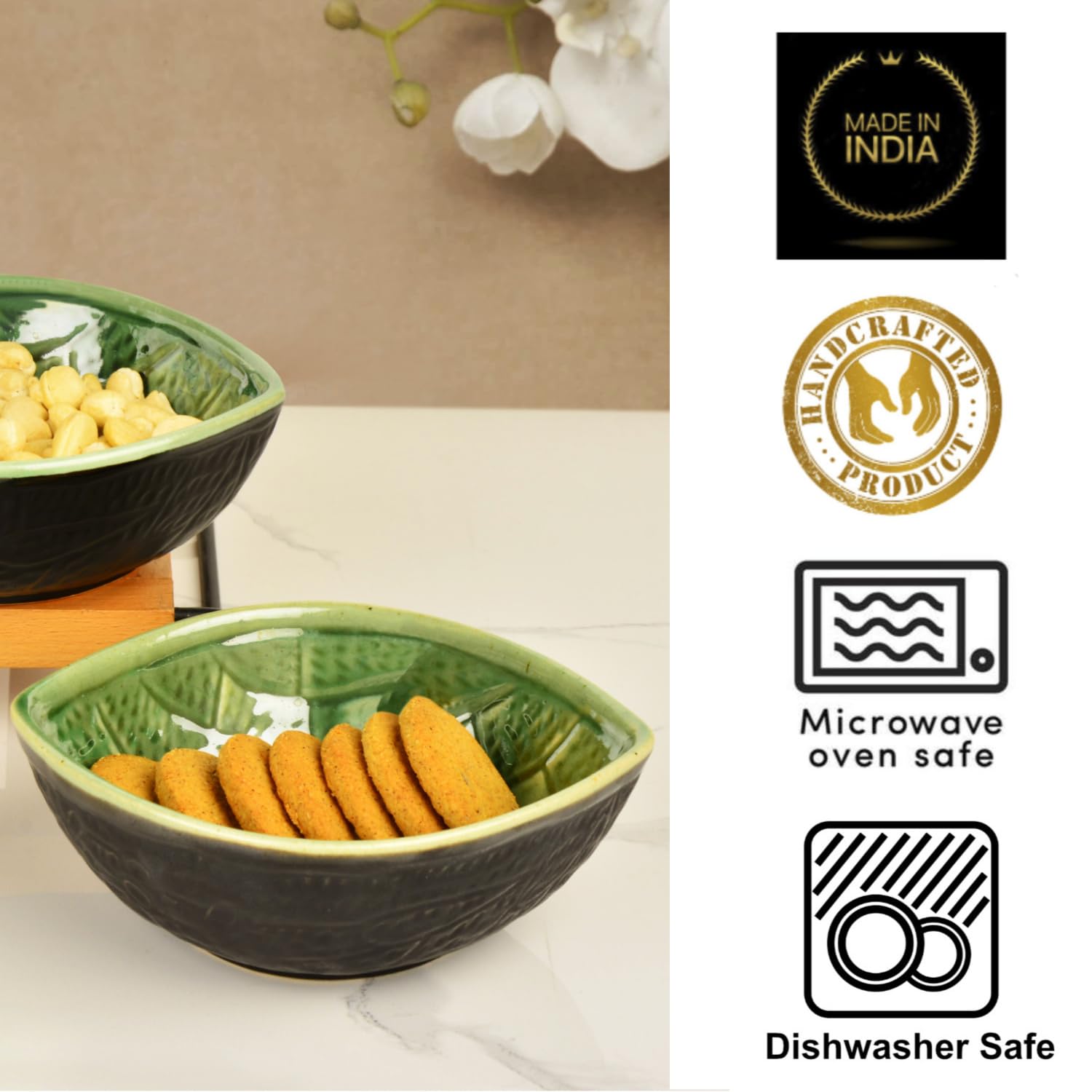 Studio Pottery Almond Shaped Ceramic Nut Bowls Set Of 2 - 450ml Each, Green & Black | Cookies, Dry Fruits, Sweets, Snack Serving Bowls - Party Bowls