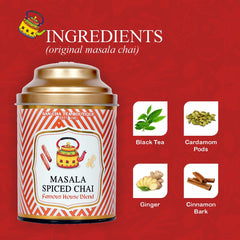 San-Cha Tea Boutique Masala Spiced Chai - 100gm, 3.5 Ounce | Original Masala Blend With Ginger, Cardamom & Cinnamon - Premium Assam Tea Blend | Medium Caffeine Loose Leaves