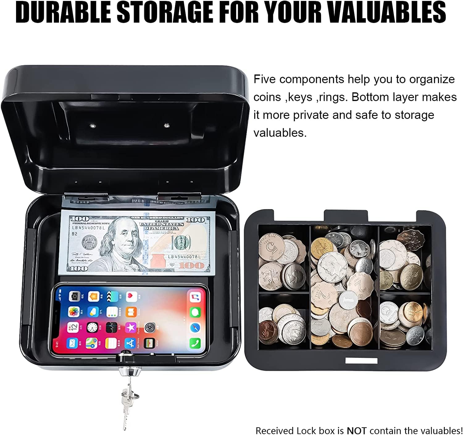 Lock Safe Metal Money Box With Key Storage Box, Cash Box With Money Tray, Money Saving Organizer For Kids, Jewellery Safe Locker With Plastic Coin Tray, Colour - Black