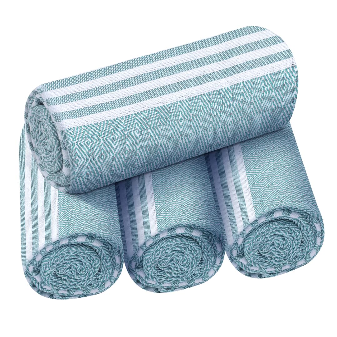 Destin Home Turkish Peshtemal Beach Towels 1.5 Kg | Cotton Soft, Lightweight, Quick-Drying & Absorbent For Beach Pool Spa Picnic Travel (Sea Green)- Set Of 4