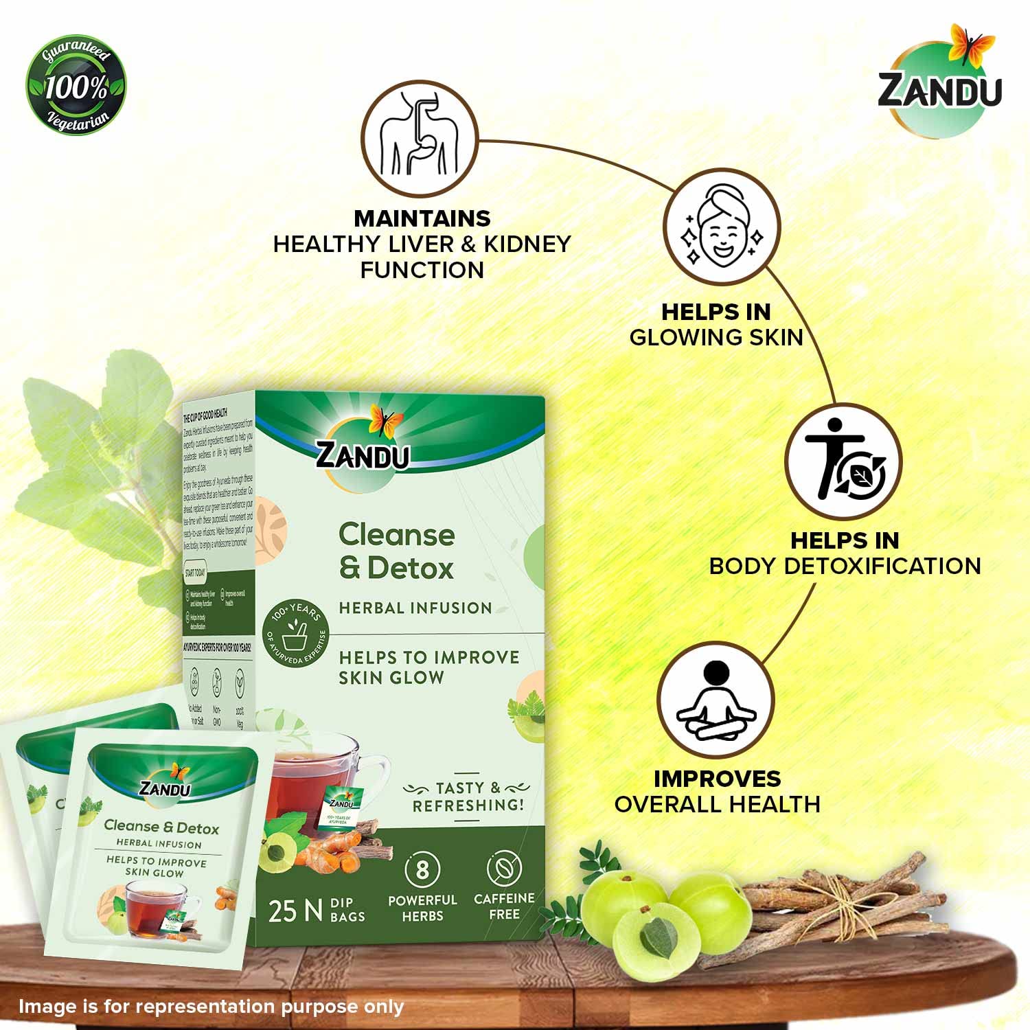 Zandu Cleanse & Detox Herbal Infusion Green Tea - 25 Tea Bags | Helps Improve Skin Glow & Detoxifies The Body - Enriched With 8 Powerful Herbs | Caffeine Free