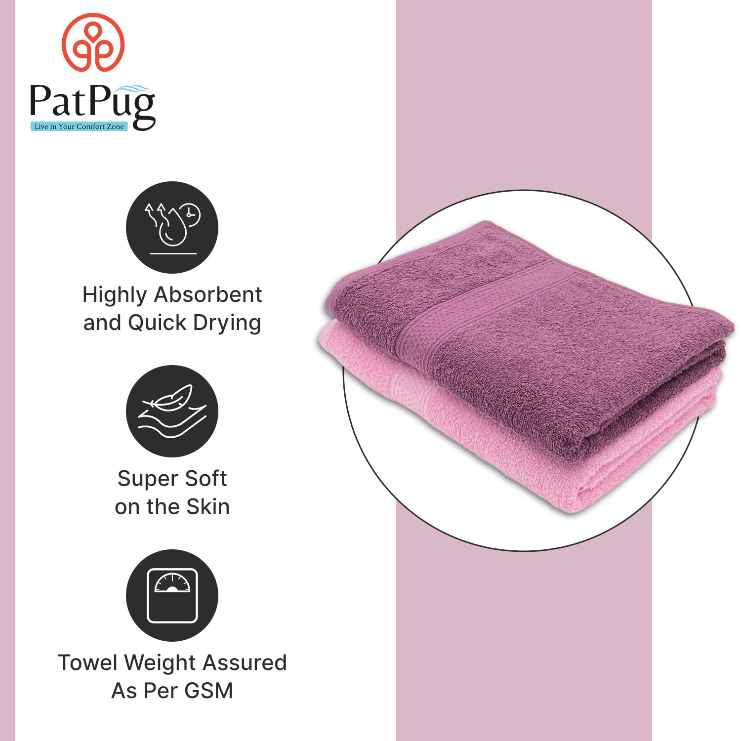 PatPug 100% Indian Ultra Soft Cotton 380 Gsm | Highly Absorbent, Fade Resistant Large Bath Towel (Wine Red & Sweet Pink)