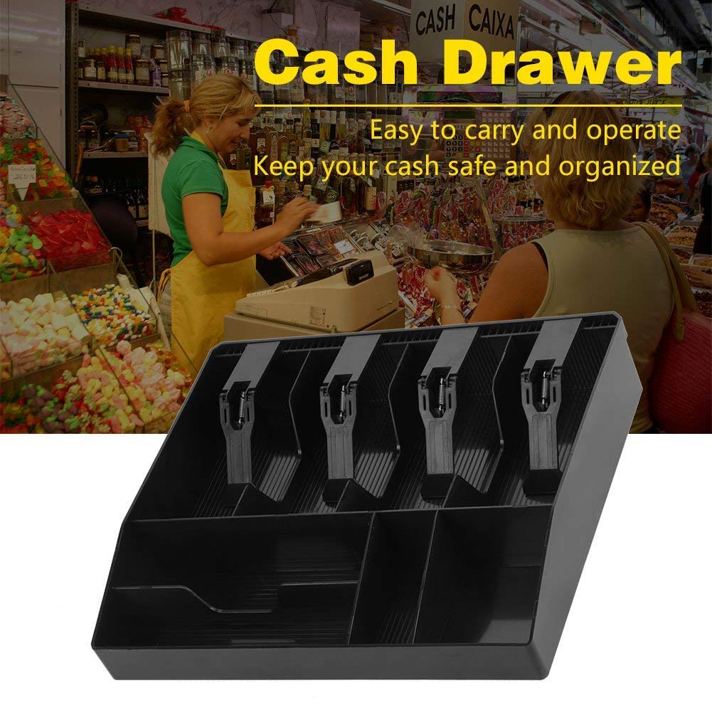 Cash Register Box 4 Cash & 4 Coin Compartment, Cashier Coin Drawer Box, 31.8 X 6 X 27.5 Cm, Colour - Black, Material - Plastic