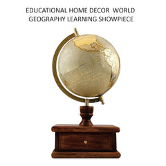 Decorative Spinning World Globe With Seasoned Wood Drawer - Gold Foil Stamp Map, Cream Texture - Elegant Home & Office Decor, Educational Show Piece, Perfect Gift, Pack Of 1