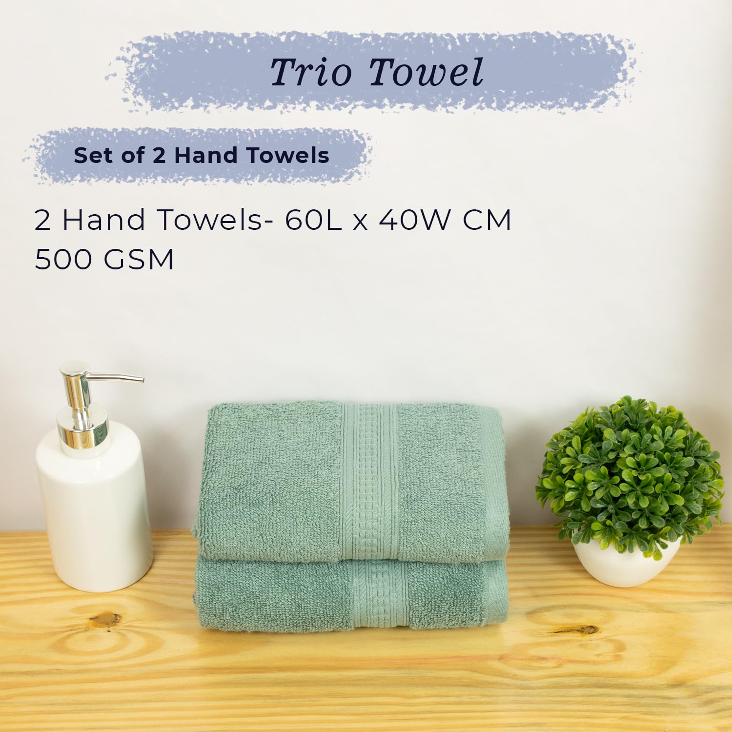 Rangoli 100% Cotton Fibre 2 Hand Towel 500 Gsm | Highly Durable & Super Absorbent Towel | Skin-Friendly & Quick Drying Luxury Towels (Mint Green)